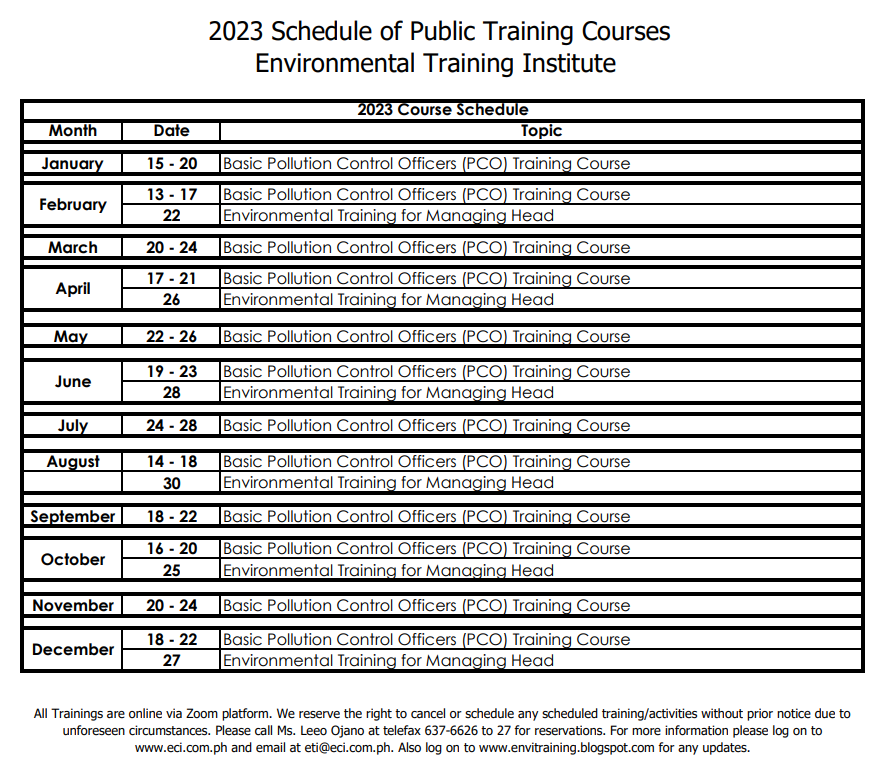 Our 2023 Training calendar